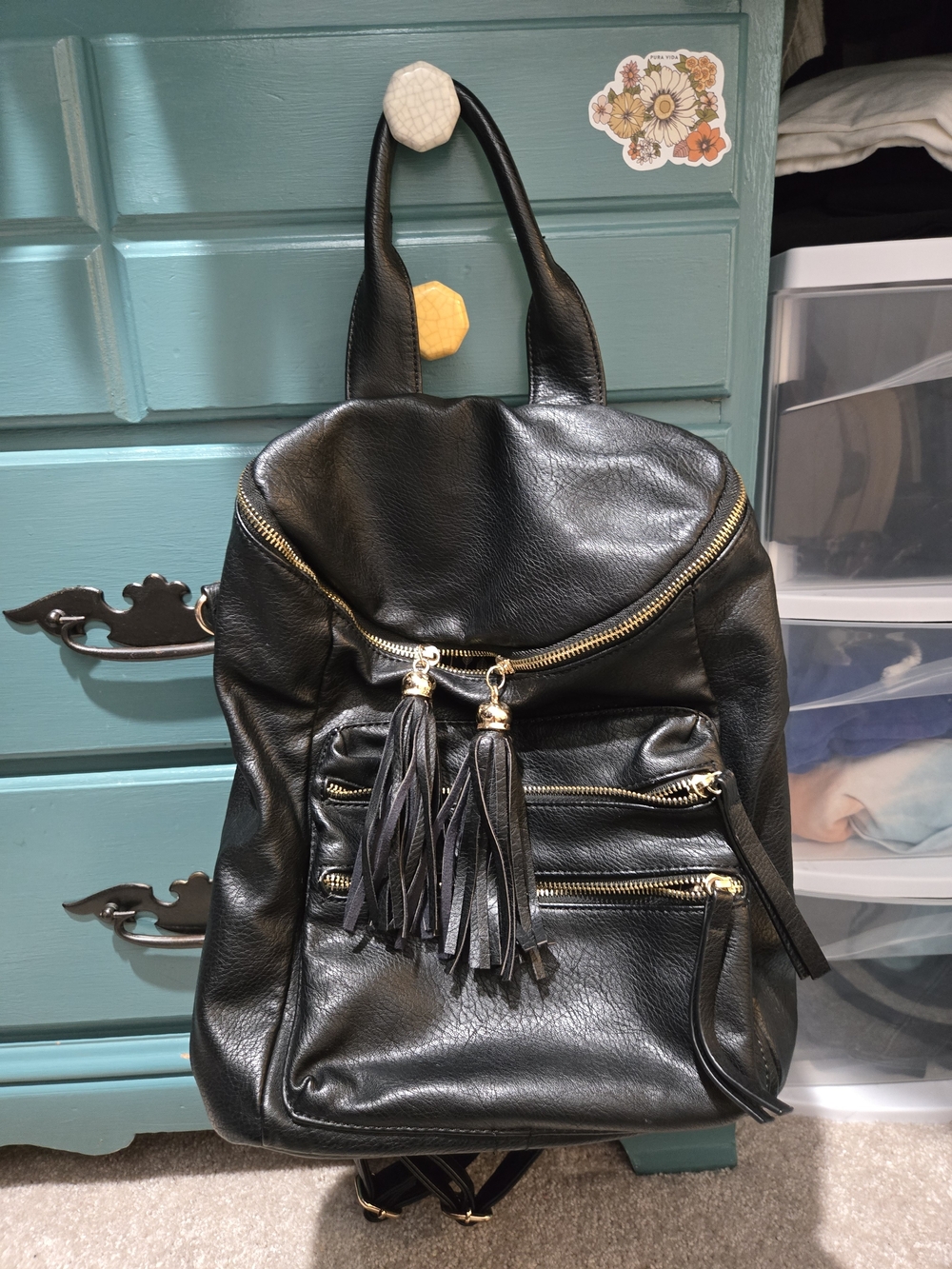 Black Tassel Faux Leather Backpack Handbag